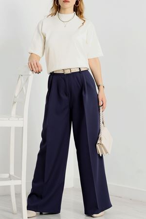 Double Kumaş Palazzo Pantolon Lacivert - 90158.1920.