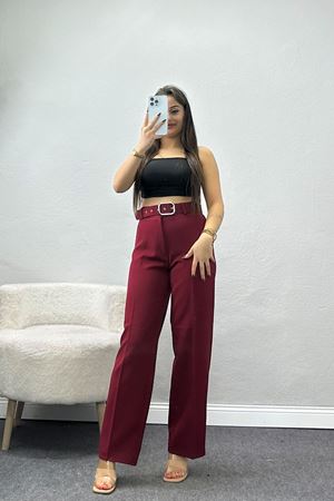 Kemerli Palazzo Pantolon Bordo - 24194.1397.