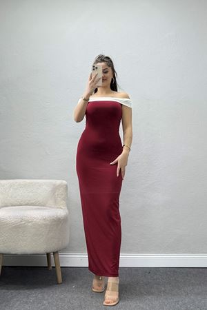 Sandy Kumaş Straplez Yaka Midi Boy Elbise Bordo - 70818.1794.