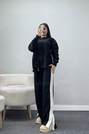 Şeritli 2 İplik Eşofman Takımı Siyahbeyaz - 52180.1857.