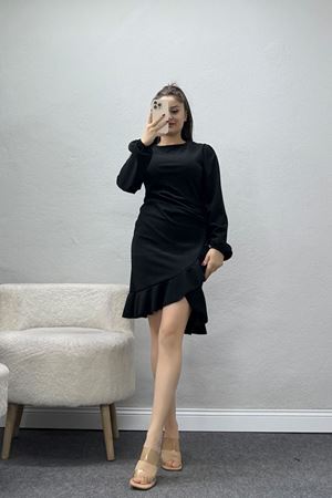 Bisiklet Yaka Önden Volanlı İthal Krep Elbise Siyah - 42685.1256.