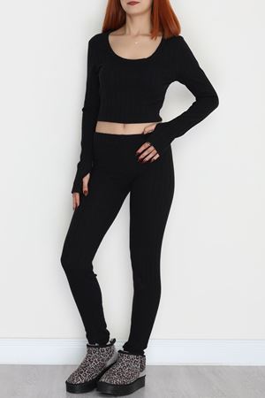 Parmak Geçmeli U Yaka Raporlu İnterlok Takım Siyah - 90975.1748.