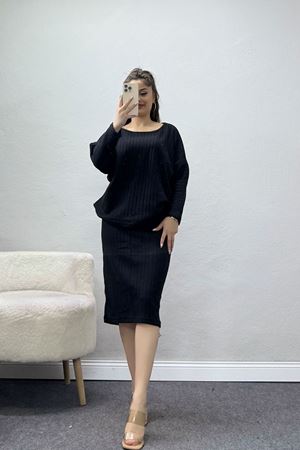 Kaşkorse Kumaş Omuz Düşümlü Midi Boy Etekli Takım Siyah - 42800.1567.