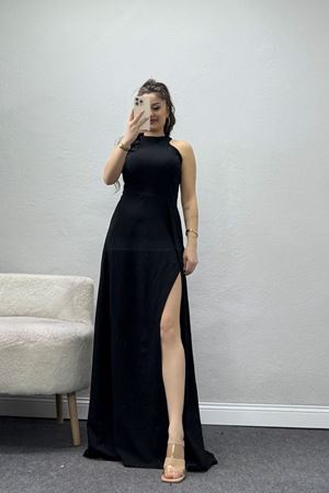 Halter Yaka İthal Krep Elbise Siyah - 42686.1256.