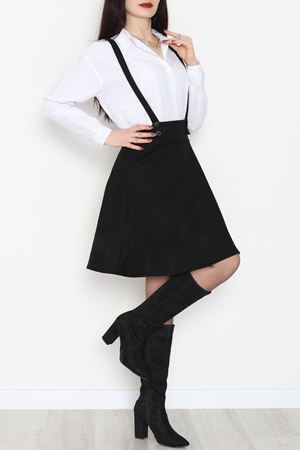 Askılı Düğmeli Süet Elbise Siyah - 42680.1256.