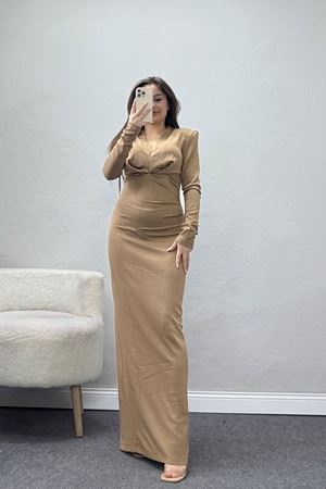 V Yaka Vatkalı Elbise Camel - 111632.444.