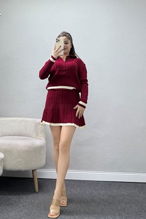 Gömlek Yaka Etekli Triko Takım Bordo - 2300.1247.