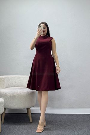 Dik Yaka İthal Krep 11 Parça Mini Elbise Bordo - 70816.1592.