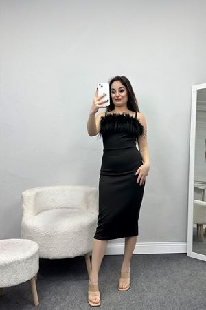 Askılı Tüy Detay Elbise Siyah - 582935.1592.