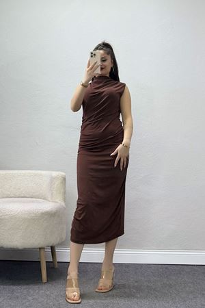 Dik Yaka Sandy Kumaş Elbise Kahve1 - 70831.1949.
