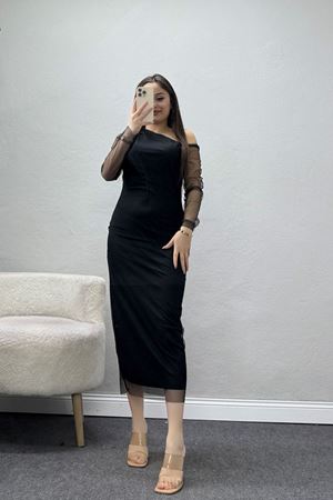 Omuz Detay Büzgülü Elbise Siyah - 30259.1592.