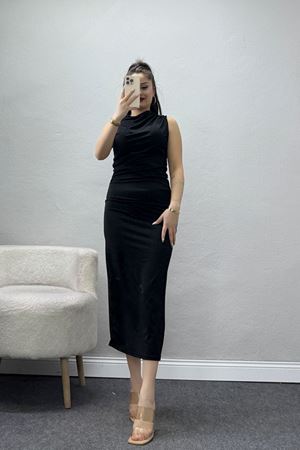 Dik Yaka Sandy Kumaş Elbise Siyah - 70831.1949.