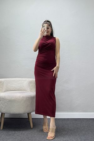 Dik Yaka Sandy Kumaş Elbise Bordo - 70831.1949.