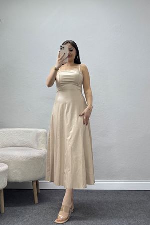 Pu Deri Midi Boy Elbise Krem - 51075.1779.