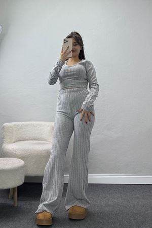 Parmak Geçmeli V Yaka İspanyol Pantolon Crop Takım Gri - 90960.1748.