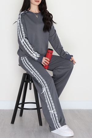 Dantel Şeritli 2 İplik Eşofman Takımı Füme - 50801.1857.