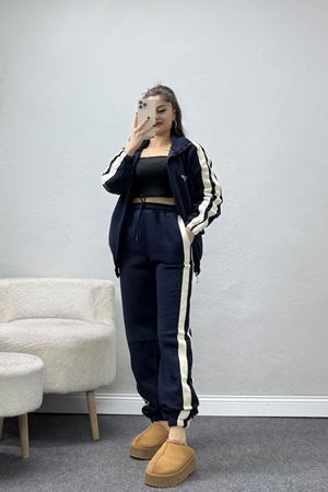 3 İplik Keten Şeritli Eşofman Takım Lacivert - 40017.1857.