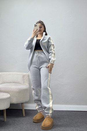 3 İplik Keten Şeritli Eşofman Takım Gri - 40017.1857.