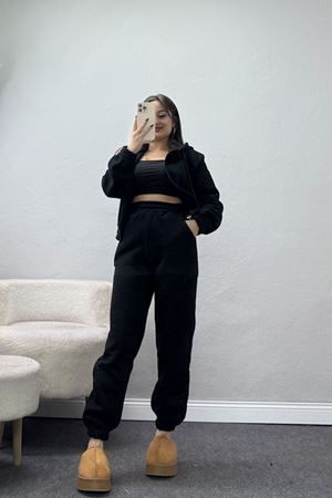 3 İplik Crop Eşofman Takımı Siyah - 50913.1878.