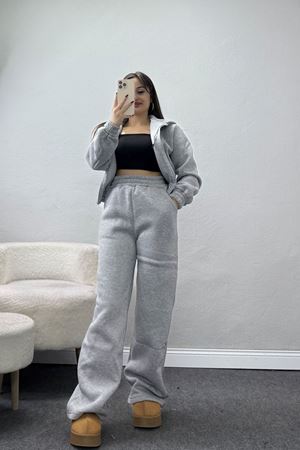 3 İplik Crop Palazzo Eşofman Takımı Gri - 50914.1878.