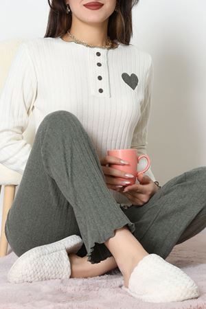 Fitilli İnterlok Pijama Takımı Haki - 52191.1961.