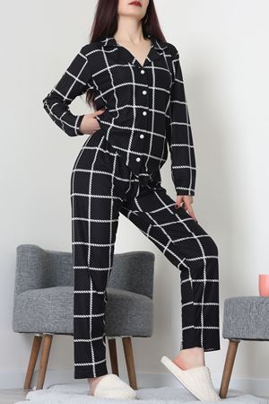 Süet Düğmeli Pijama Takımı Siyahçizgili - 52171.1050.