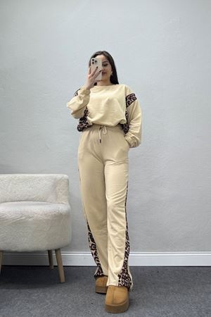 2 İplik Leopar Detaylı Eşofman Takımı Bej - 55028.1005.