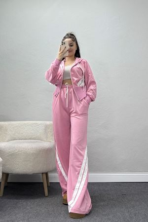 Keten Şeritli 2 İplik Eşofman Takımı Pembebeyaz - 52079.1857.