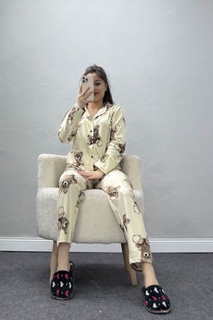 Süet Düğmeli Pijama Takımı Bejayı - 52179.2124.