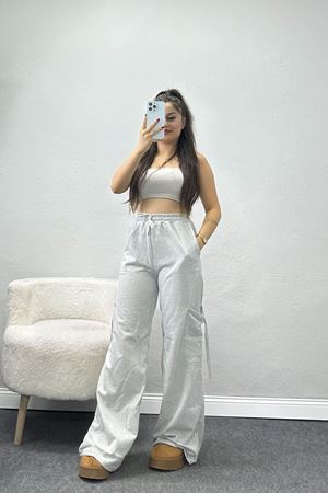 Büzgülü Cepli 2 İplik Eşofman Altı Gri - 50525.1857.