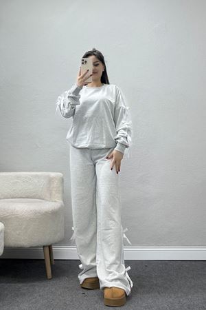 Özel Tasarım İki İplik Kurdele Detay Eşofman Takım Gri - 70164.1857.