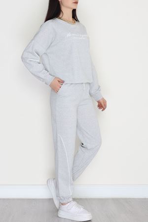 Biyeli Baskılı 2 İplik Eşofman Takımı Gri - 50791.1857.