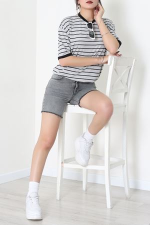 Bisiklet Yaka Çizgili Rejenere Süprem Tişört Grisiyah - 601.1567.