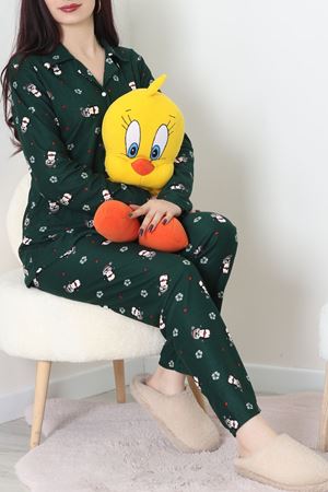Süet Düğmeli Pijama Takımı Koyuyeşil - 31876.1049.