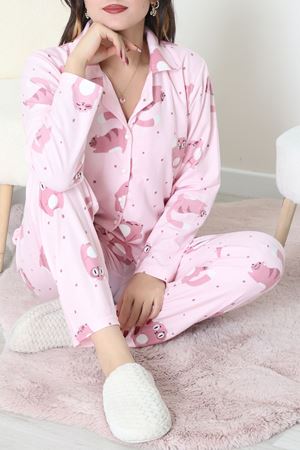 Süet Düğmeli Pijama Takımı Pembe - 31876.1049.