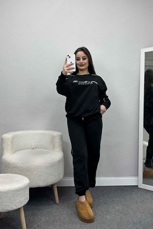 Baskılı Biyeli Eşofman Takımı Siyahbeyaz - 20075.1857.