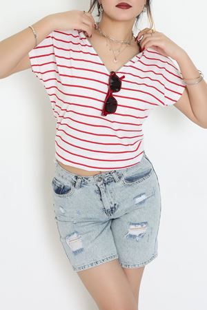 V Yaka Fermuarlı Rejenere Süprem Tişört Ekrukırmızı - 600.1567.