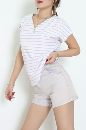 V Yaka Fermuarlı Rejenere Süprem Tişört Beyazlila - 600.1567.