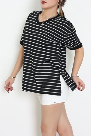 V Yaka Çizgili Rejenere Süprem Tişört Siyahbeyaz - 602.1567.