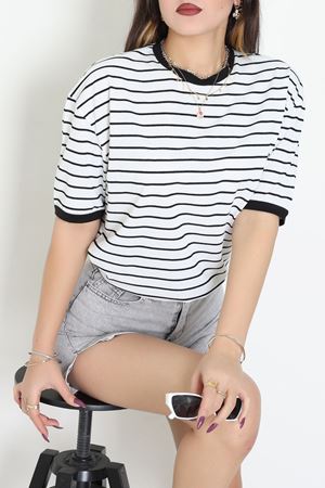 Bisiklet Yaka Çizgili Rejenere Süprem Tişört Beyazsiyah - 601.1567.