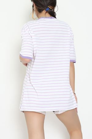 V Yaka Çizgili Rejenere Süprem Tişört Beyazlila - 602.1567.