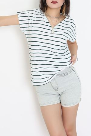 V Yaka Fermuarlı Rejenere Süprem Tişört Beyazzümrüt - 600.1567.