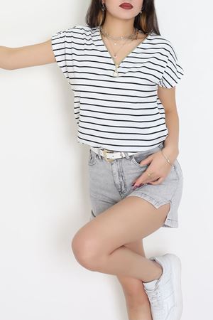 V Yaka Fermuarlı Rejenere Süprem Tişört Beyazsiyah - 600.1567.