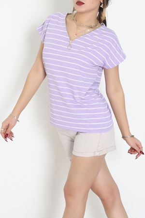 V Yaka Fermuarlı Rejenere Süprem Tişört Lilabeyaz - 600.1567.