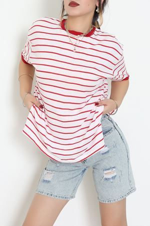 Bisiklet Yaka Çizgili Rejenere Süprem Tişört Ekrukırmızı - 601.1567.