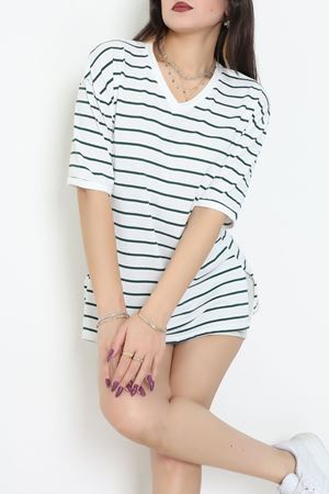 V Yaka Çizgili Rejenere Süprem Tişört Ekruzümrüt - 602.1567.