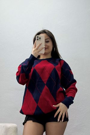 Etnik Desen Triko Lacivertkırmızı - 3027.1577.