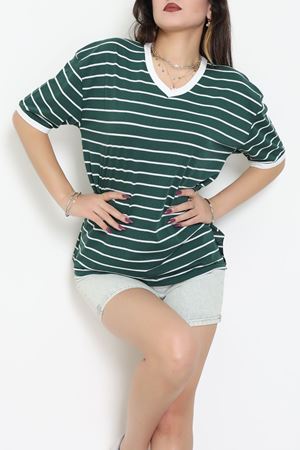 V Yaka Çizgili Rejenere Süprem Tişört Zümrütbeyaz - 602.1567.