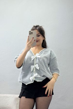 Kısa Kollu Fiyonklu Triko Gri - 2281.1765.