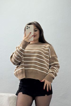 Çizgili Bisiklet Yaka Triko Mochalatte - 3099.1577.